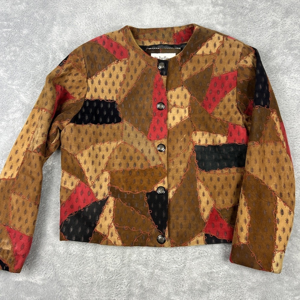 Papillon Genuine Leather Patchwork‎ Embroidered Jacket Size M Y2k 2000s Boho